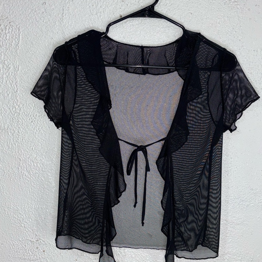 Black Sheer Ruffle Tie-Front Top